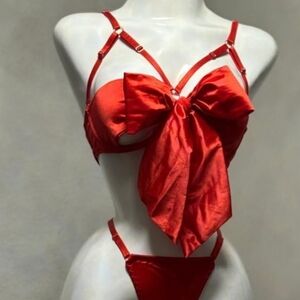 Red Strappy Bow Lingerie Set M